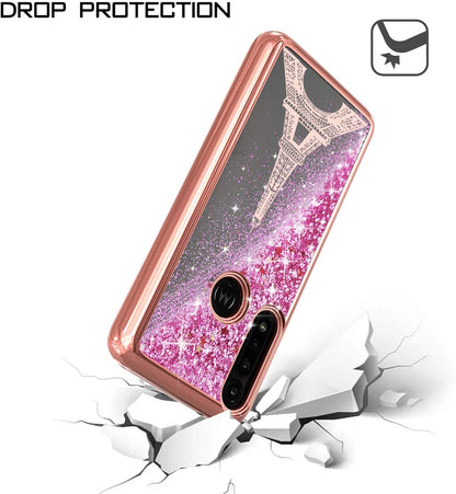 For Apple iPhone 15 Pro (6.1") Quicksand Liquid Glitter Bling Flowing Sparkle Fashion Hybrid TPU Chrome Plating Hard Paris Eiffel Tower Phone Case Cover