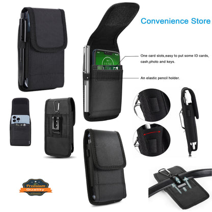 For Apple iPhone 16 Pro Max (6.9") Vertical Nylon Canvas Holster Universal Cell Phone Pouch Velcro Closure with Credit Card Slot & Belt Clip Loop Carabiner [Black]