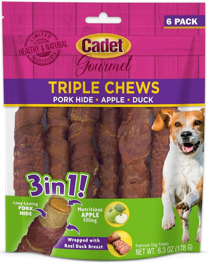 Cadet Gourmet Pork Hide Triple Chews with Duck and Apple [Dog Supplies] 6 count