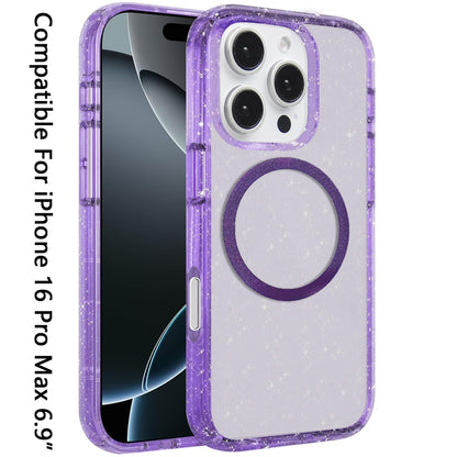 For Apple iPhone 16 Pro Max (6.9") Transparent Glitter Bling Sparkly Shiny Case Hybrid Magnetic Circle Compatible with MagSafe Shockproof Case Cover