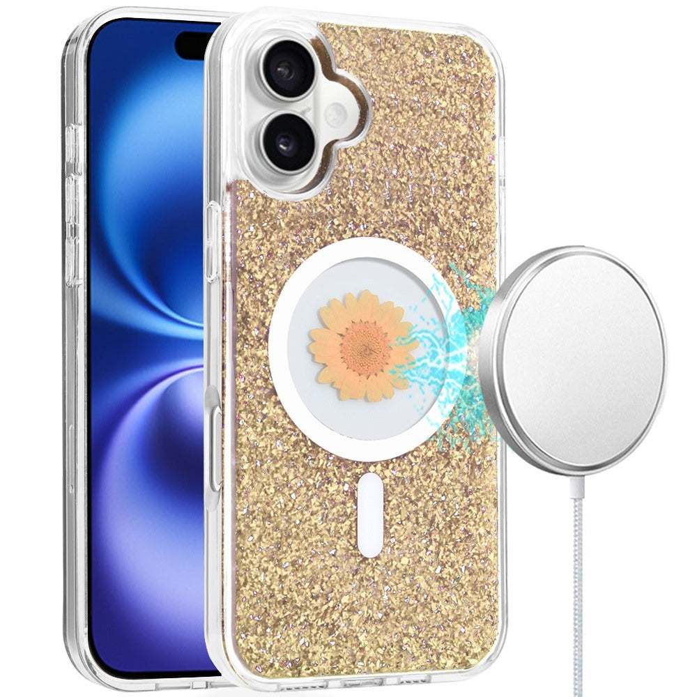 For Apple iPhone 16 Pro Max (6.9") Magnetic Circle MagSafe Wireless Compatible Epoxy Glitter Flower Shiny Sparkle Bling Hybrid Slim TPU Case Cover