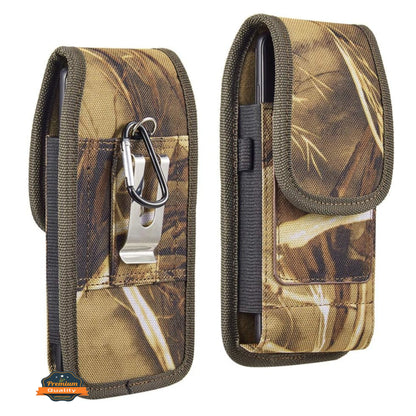 For Apple iPhone 16 Pro Max (6.9") Vertical Camouflage Nylon Canvas Holster Universal Cell Phone Pouch Velcro Closure with Credit Card Slot & Belt Clip Loop Carabiner [Hunting Camo]