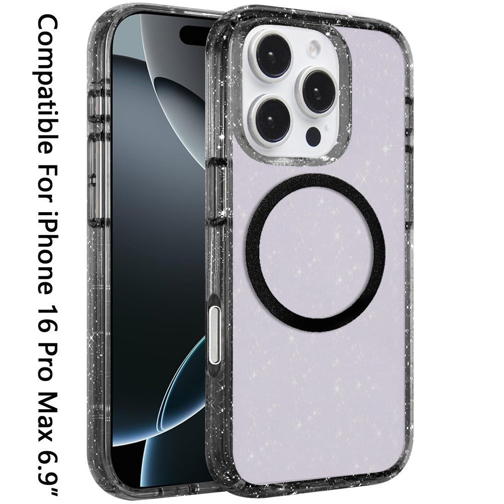 For Apple iPhone 16 Pro Max (6.9") Transparent Glitter Bling Sparkly Shiny Case Hybrid Magnetic Circle Compatible with MagSafe Shockproof Case Cover