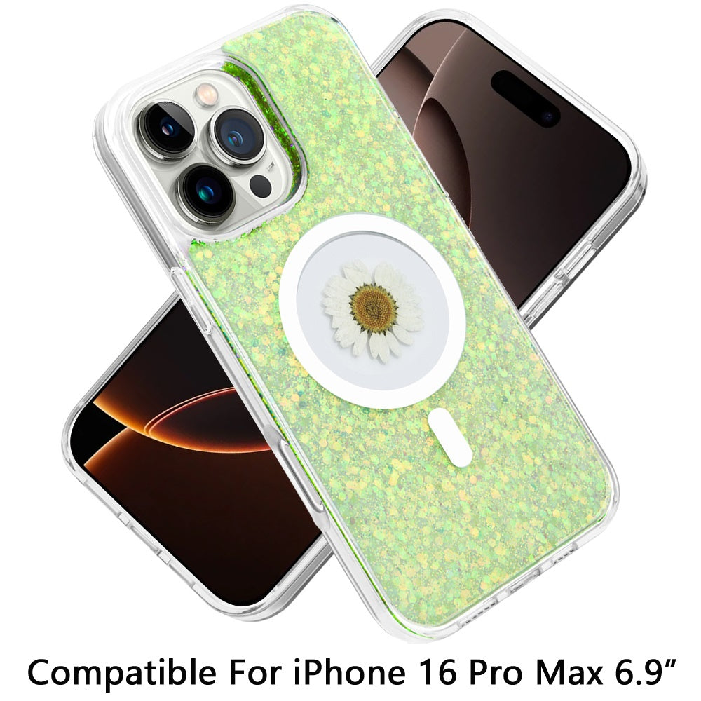 For Apple iPhone 16 Pro Max (6.9") Magnetic Circle MagSafe Wireless Compatible Epoxy Glitter Flower Shiny Sparkle Bling Hybrid Slim TPU Case Cover