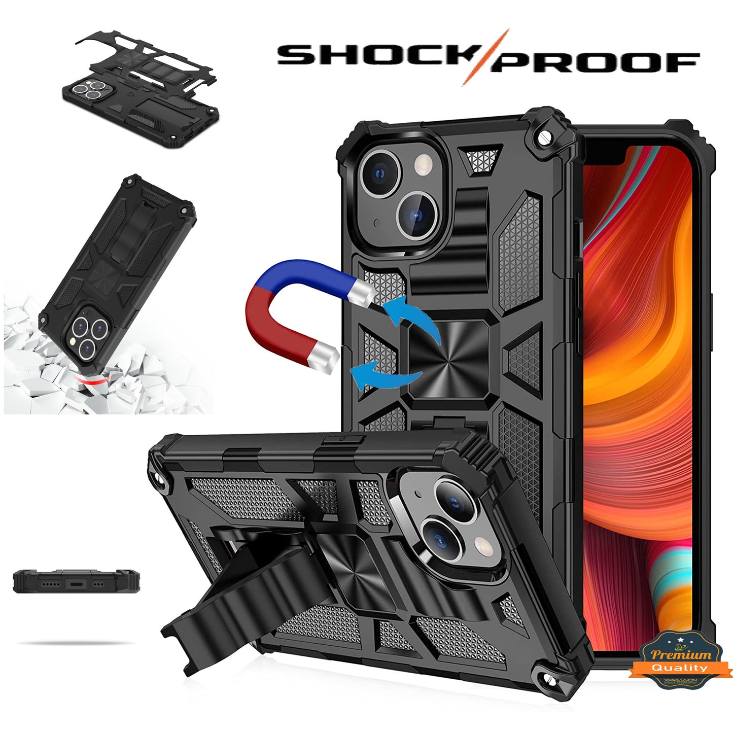 For Apple iPhone 15 Pro Max (6.7") Built in Magnetic Kickstand, Military Hybrid Bumper Heavy Duty Dual Layers Stand  Phone Case Cover