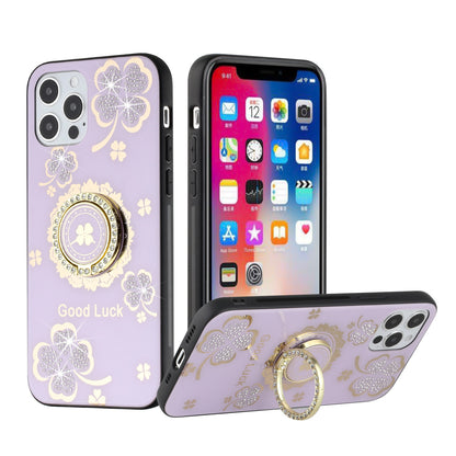 For Apple iPhone 12 Pro Max Diamonds 3D Bling Sparkly Glitter Ornaments Engraving Hybrid Metal Fashion Case Cover Purple Good Luck Floral