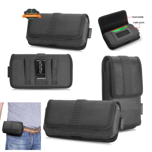 For Apple iPhone 16 Pro (6.3") Universal Horizontal Nylon Phone Case Carrying Pouch Cover with Card Storage Pocket & Belt Clip Loop Holster Front Grip [Black]