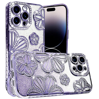 For Apple iPhone 11 Pro Max Luxury Floral Design Sparkle Glitter Diamond Crystal Rhinestone Shimmer Bling Plating Thick TPU Hard PC Case Cover