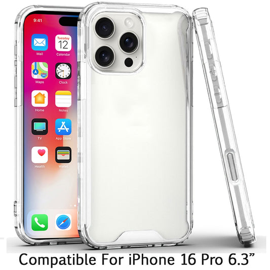 For Apple iPhone 16 Pro (6.3") Clear Colored Shockproof Transparent Hard PC + Rubber TPU Hybrid Bumper Shell Slim Case Cover Clear