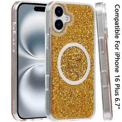 For Apple iPhone 16 Plus (6.7") Transparent Epoxy Glitter Magnetic Circle Compatible with MagSafe Hybrid Bling Sparkle Hard PC Slim TPU Case Cover