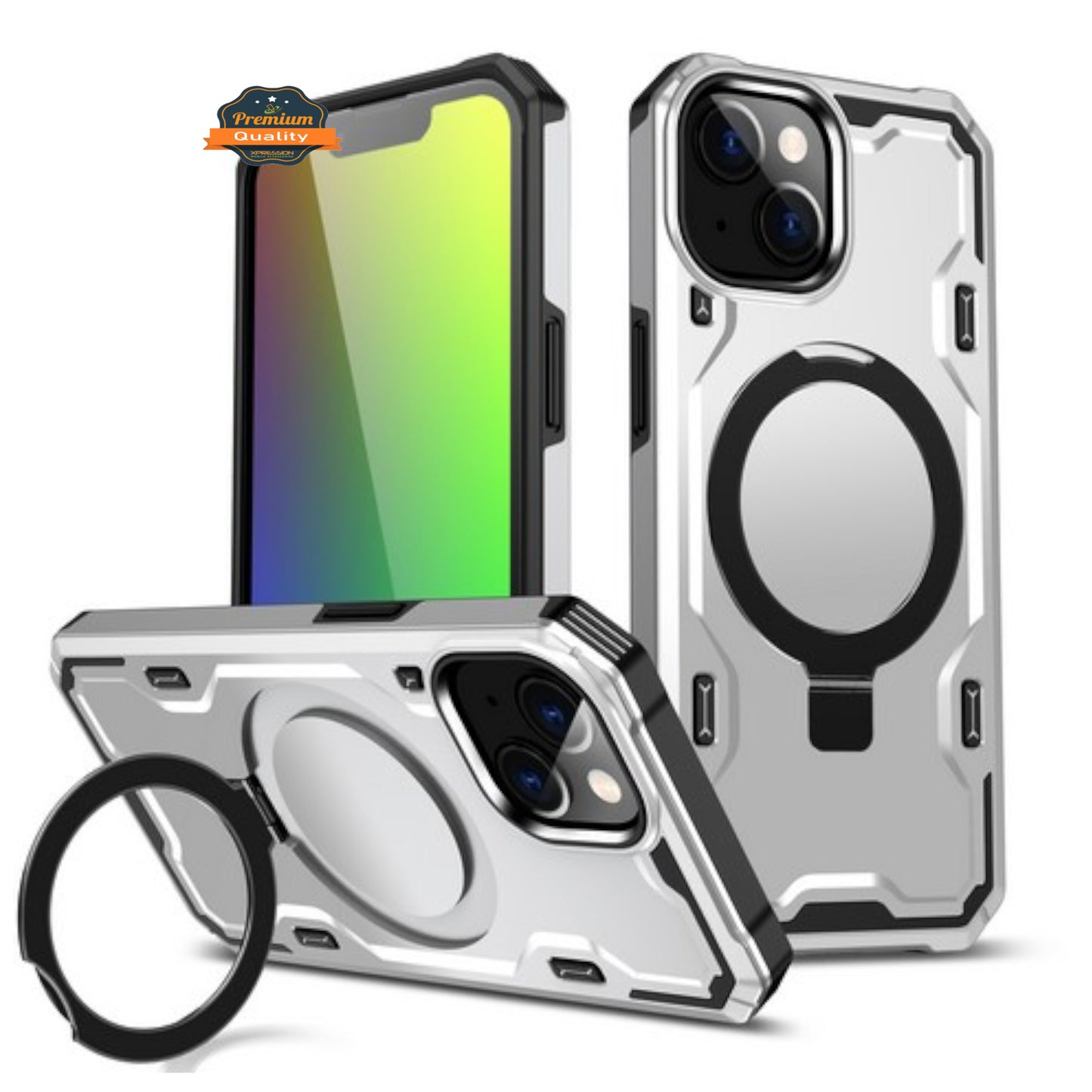 For Apple iPhone 15 Plus (6.7") Hybrid Magnetic Ring Stand Invisible Foldable Military Grade Shockproof Fit with Magsafe  Phone Case Cover