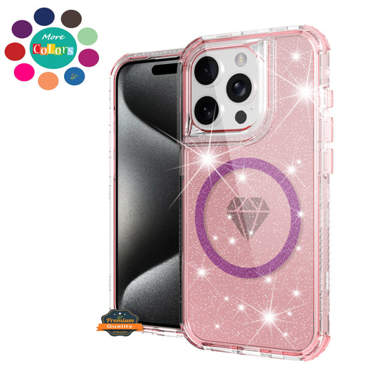 For Apple iPhone 14 / iPhone 13 (6.1") Magnetic Ring Circle Glitter Bling Sparkle 3in1 Hybrid [Compatible with Magsafe] Clear Shockproof Case Cover