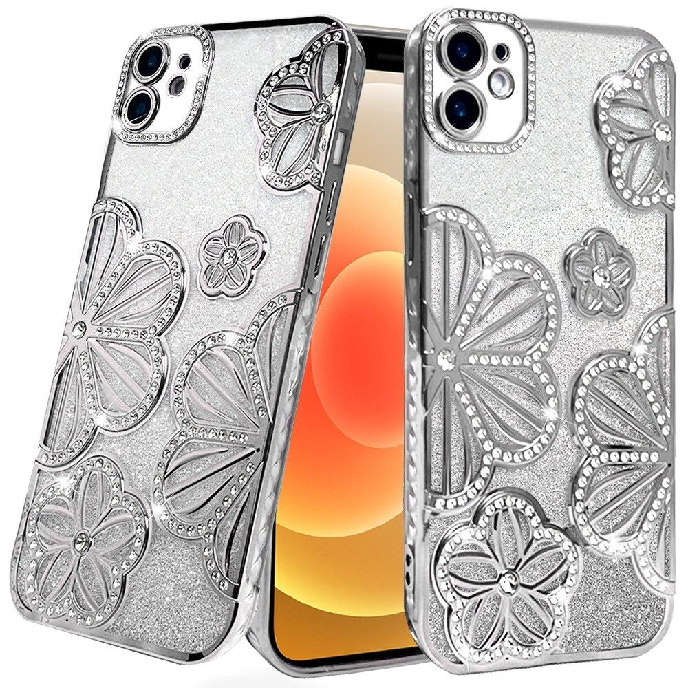 For Apple iPhone 11 Pro Max Luxury Floral Design Sparkle Glitter Diamond Crystal Rhinestone Shimmer Bling Plating Thick TPU Hard PC Case Cover