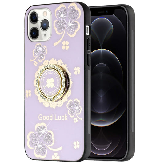 For Apple iPhone 12 Pro Max Diamonds 3D Bling Sparkly Glitter Ornaments Engraving Hybrid Metal Fashion Case Cover Purple Good Luck Floral