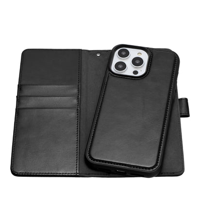 For Apple iPhone 16 Pro (6.3") Deattachable PU Leather Hybrid Wallet Money Credit Card Holder Support Magsafe Charger Case Cover Black