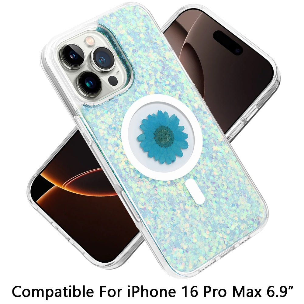 For Apple iPhone 16 Pro Max (6.9") Magnetic Circle MagSafe Wireless Compatible Epoxy Glitter Flower Shiny Sparkle Bling Hybrid Slim TPU Case Cover