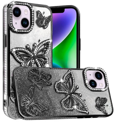 For Apple iPhone 12, Apple iPhone 12 Pro Luxury Butterfly Sparkle Glitter Diamond Crystal Rhinestone Shimmer Bling Plating Thick TPU Hard PC Case Cover