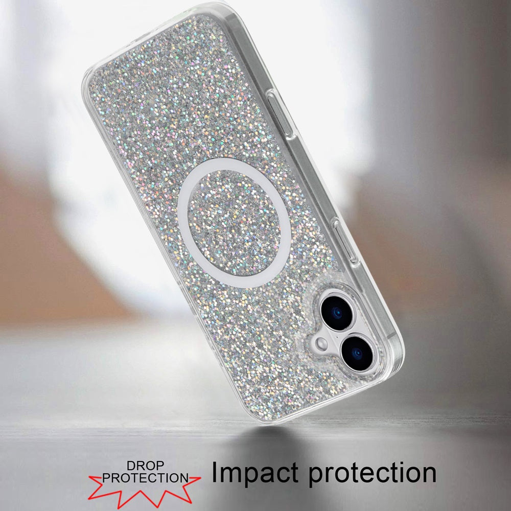 For Apple iPhone 16 (6.1") Transparent Epoxy Glitter Magnetic Circle Compatible with MagSafe Hybrid Bling Sparkle Hard PC Slim TPU Case Cover