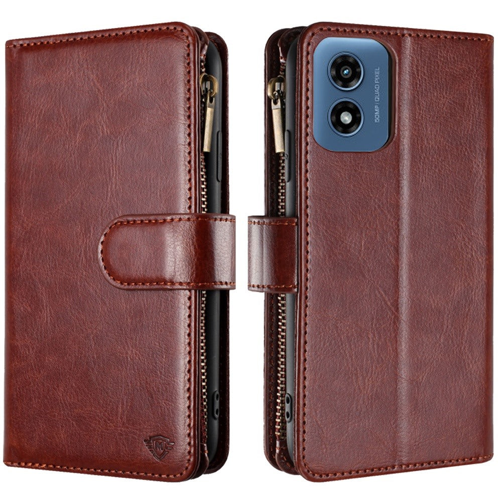 For Apple iPhone 16 Pro Max (6.9") Premium Leather Zipper Wallet with Credit Card Slots Money Pocket Luxury Clutch Pouch Stand & Strap Case Cover Brown