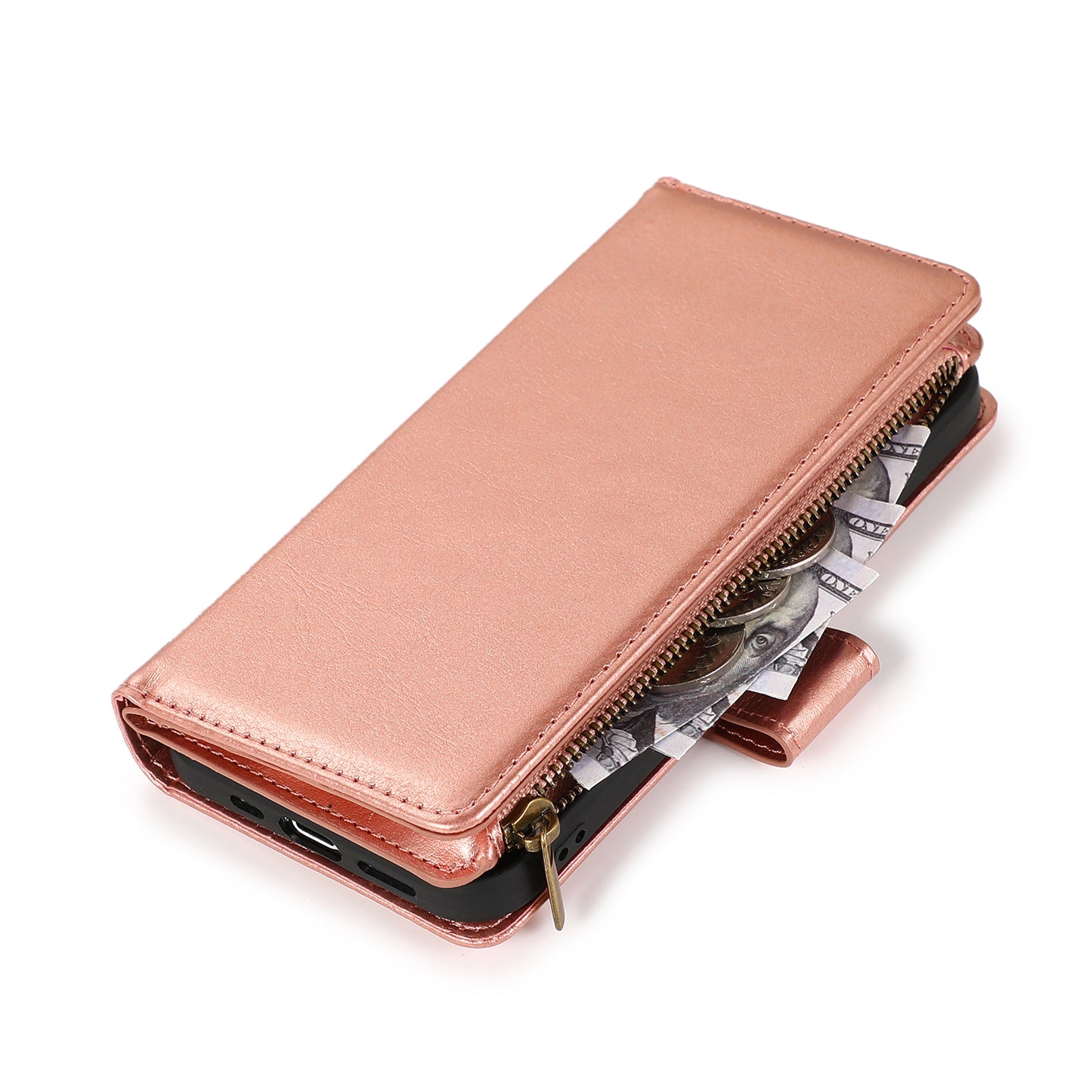 For Apple iPhone 11 (6.1") Leather Zipper Wallet Case 9 Credit Card Slots Cash Money Pocket Clutch Pouch with Stand & Strap Case Cover Rose Gold