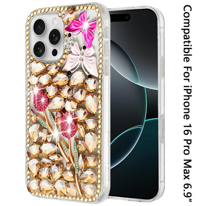 For Apple iPhone 16 Pro Max (6.9") Bling Crystal 3D Full Diamonds Luxury Sparkle Rhinestone Hybrid Protective Case Cover