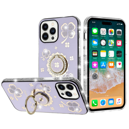 For Apple iPhone 12 Pro Max Diamonds Bling All Around Edges Sparkly Glitter Hybrid with Ring Stand Holder Fashion Good Luck Case Cover