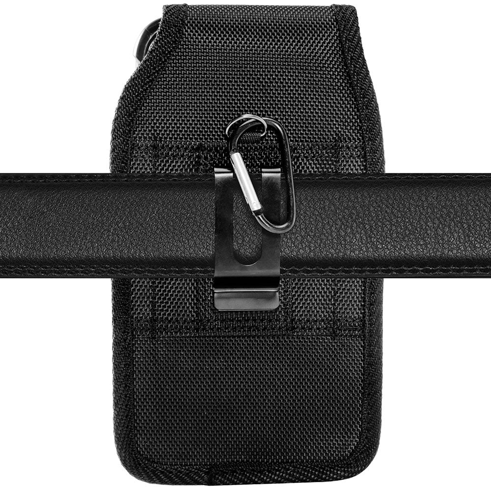 For Apple iPhone 16 Pro Max (6.9") Universal Pouch Case Vertical Phone Holster Nylon Cover with Front Buckle, Belt Clip Loop & Hook Carabiner [Black]