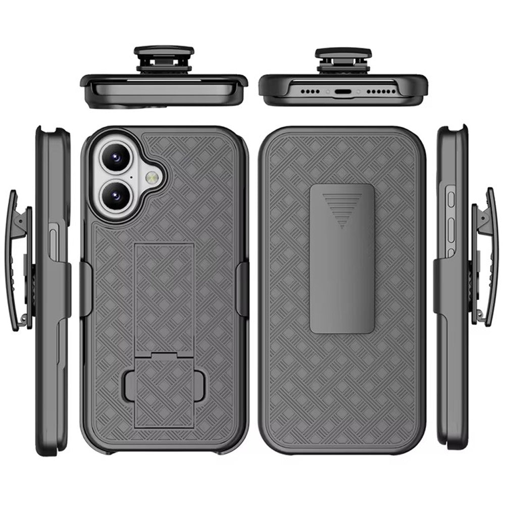 For Apple iPhone 16 (6.1") Premium Hybrid Texture Built-in Kickstand Holster Combo 3in1 Swivel Belt Clip Slim Shockproof Case Cover Black