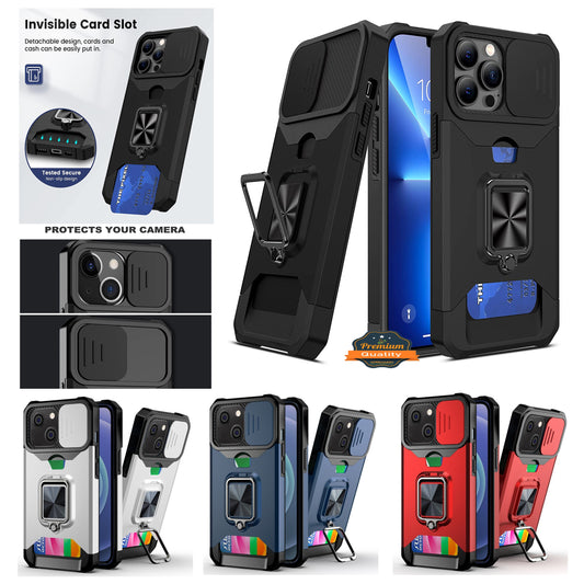 For Apple iPhone 16 (6.1") Wallet Designed with Camera Protection, Card Slot & Ring Kickstand Magnetic Car Mount Case Cover