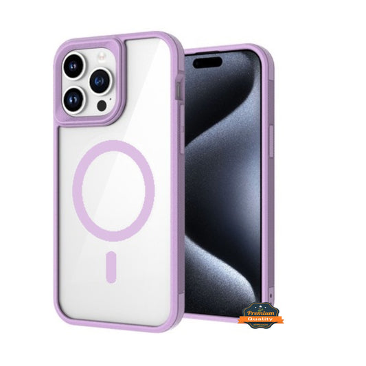 For Apple iPhone 15 Plus (6.7") Magnetic Compatible with Magsafe Wireless Charger PC + TPU Hybrid Slim Transparent Purple Phone Case Cover