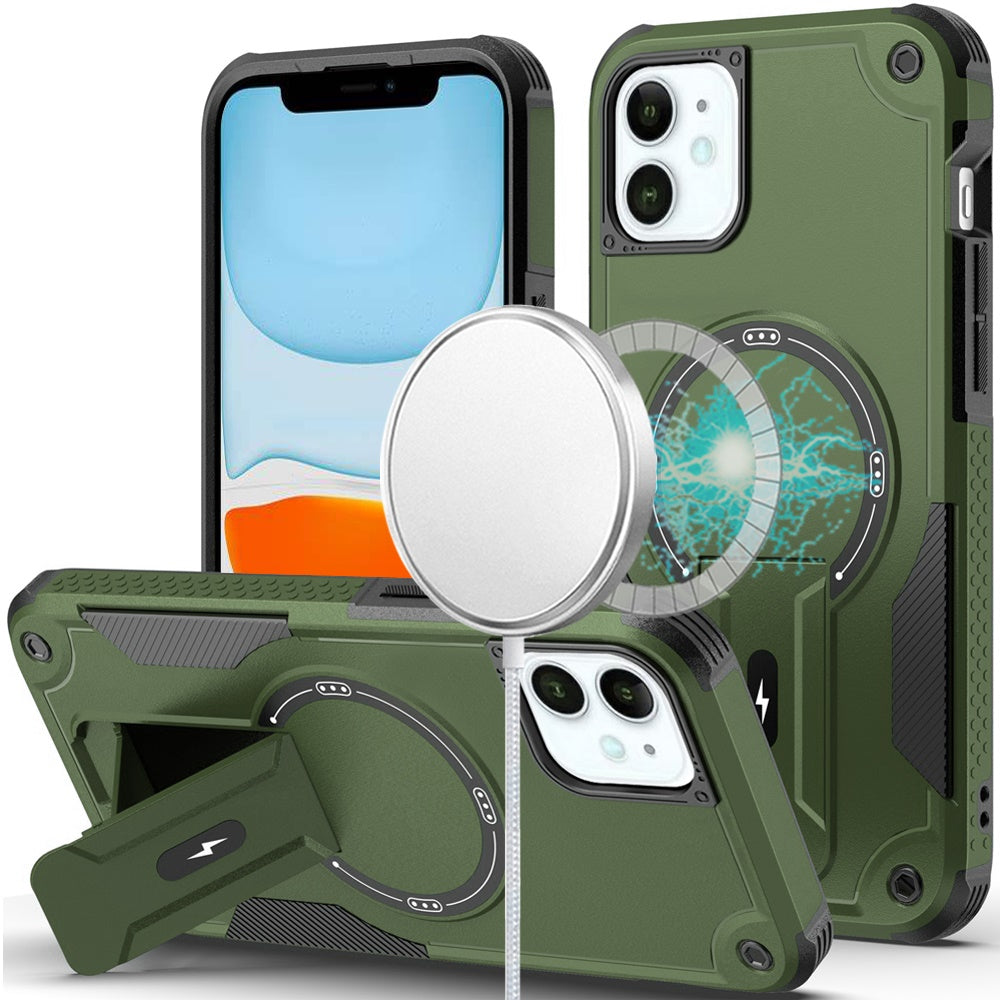 For Apple iPhone 12 / 12 Pro Case with Invisible Kickstand Compatible with MagSafe, Military-Grade Protection Shockproof Heavy Duty Case Cover Midnight Green