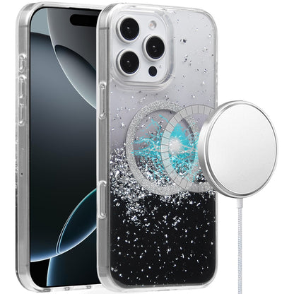 For Apple iPhone 16 Pro Max (6.9") Premium Transparent Epoxy Glitter Bling Magnetic Circle Compatible with MagSafe Hybrid Sparkle Case Cover