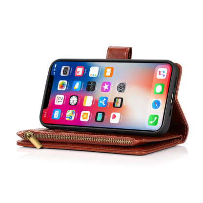 For Apple iPhone 16 Pro Max (6.9") Leather Zipper Wallet Case 9 Credit Card Slots Cash Money Pocket Clutch Pouch Stand & Strap Case Cover Brown