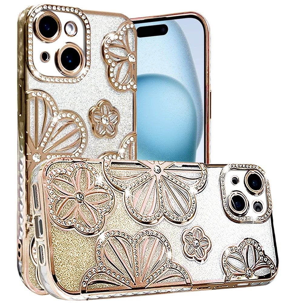 For Apple iPhone 11 (6.1") Luxury Floral Design Sparkle Glitter Diamond Crystal Rhinestone Shimmer Bling Plating Thick TPU Hard PC Case Cover