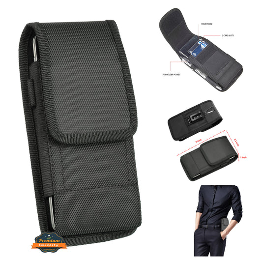 For Apple iPhone 16 Plus (6.7") Universal Vertical Nylon Pouch Cell Phone Case Holster with 2 Credit Card Slot, Belt Clip Loop, Velcro closure Cover [Black]