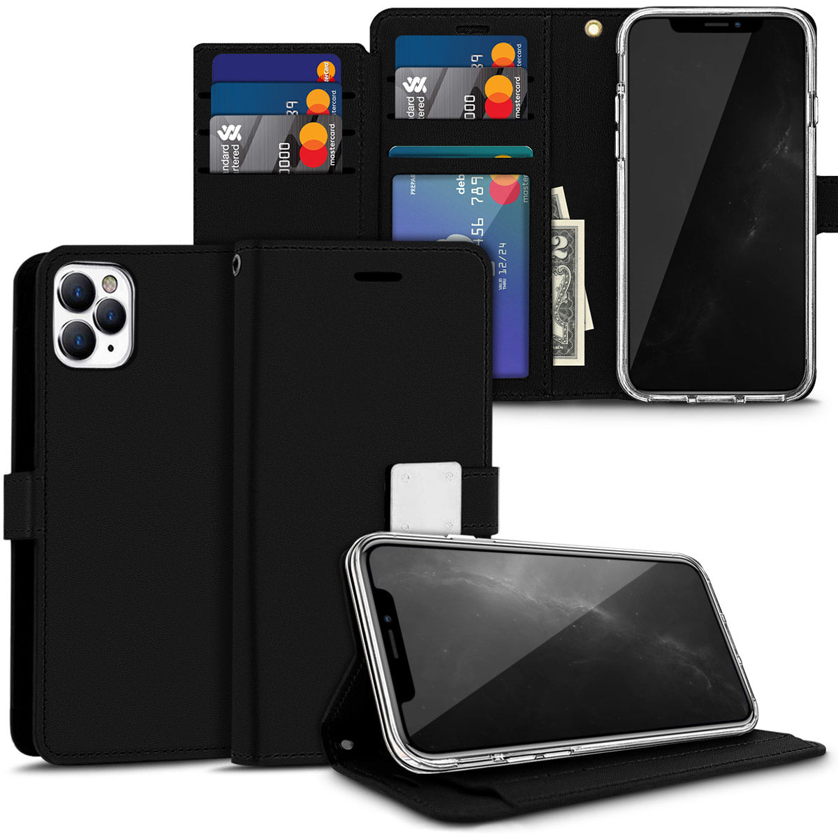 For Apple iPhone 16 (6.1") PU leather Wallet 6 Card Slots folio with Wrist Strap & Kickstand Pouch Flip Shockproof Case Cover