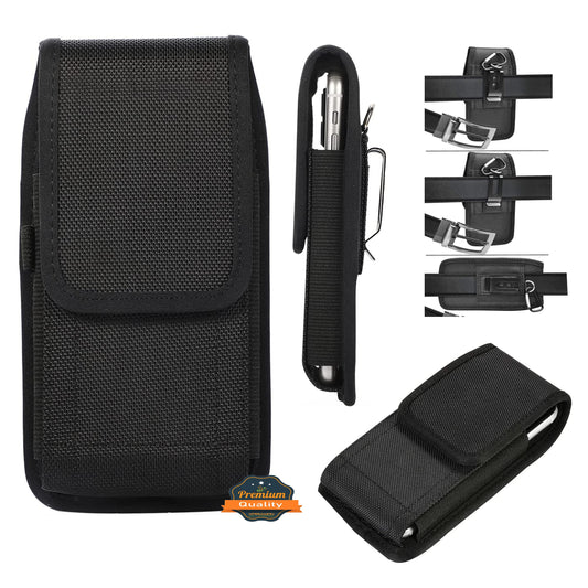 For Apple iPhone 16 Plus (6.7") Nylon Canvas Fabric Waist Belt Holster Vertical Pouch Holds XL Phone Works with Thick Cases Universal Cover [Black]