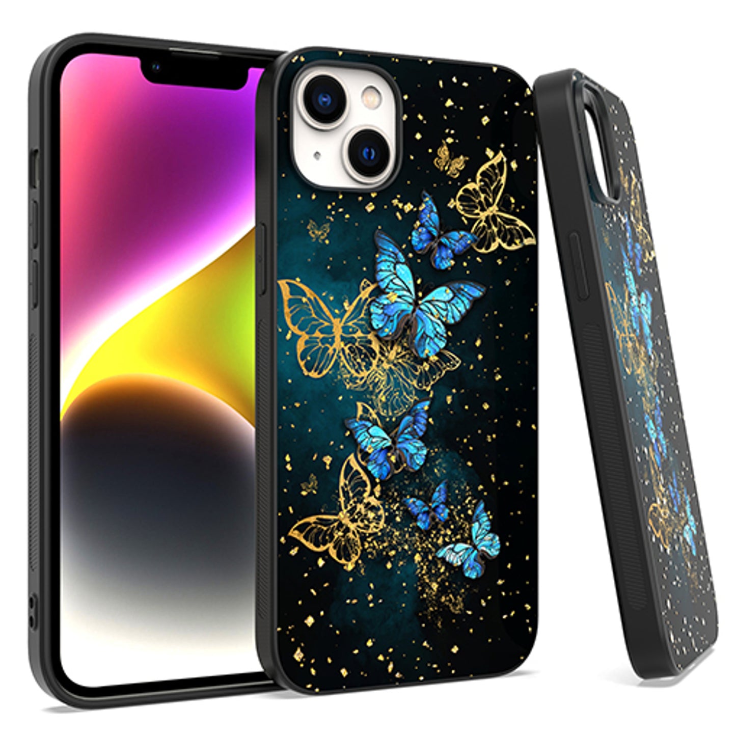 For Apple iPhone 15 Pro Max (6.7") Marble Fashion Stylish Flake Glitter Bling Hybrid Glossy Rubber Hard PC Protection Butterfly Phone Case Cover