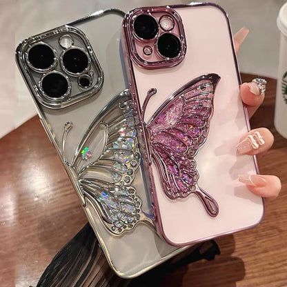 For Apple iPhone 16 Pro (6.3") Glitter 3D Butterfly Bling Luxury Electroplate Chrome Sparkle Liquid Flowing Plating Bumper Case Cover