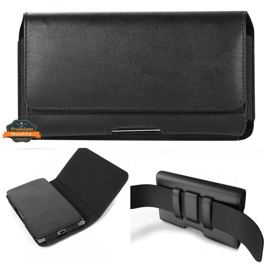 For Apple iPhone 16 Pro (6.3") Universal Leather Belt Holster Horizontal Pouch Phone Holder with Belt Loop / Clip Waistband (Large) Cover [Black]