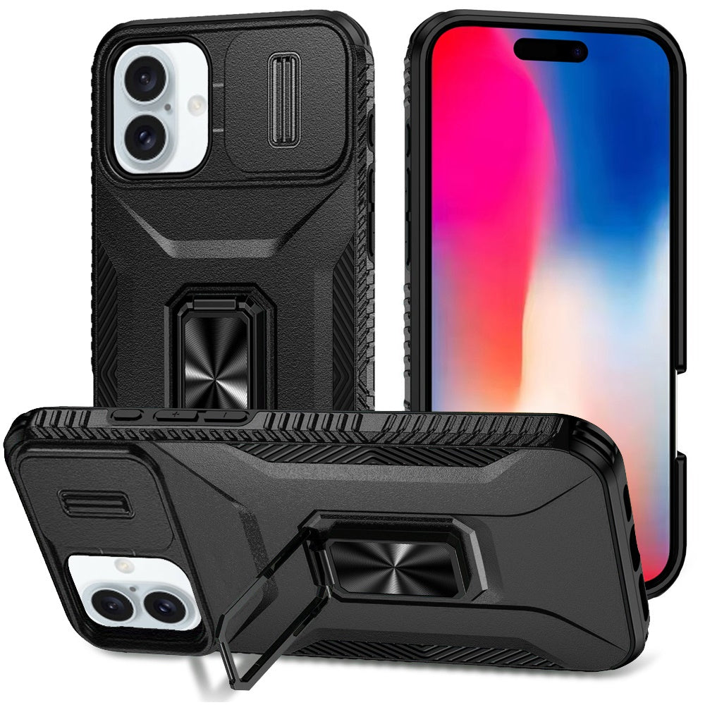 For Apple iPhone 16 (6.1") Camera Cover Phone Case with Magnetic Rotation Ring Stand [Military Grade] Hybrid Hard TPU Shockproof Case Cover