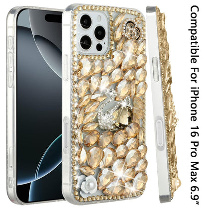 For Apple iPhone 16 Pro Max (6.9") Bling Crystal 3D Full Diamonds Luxury Sparkle Rhinestone Hybrid Protective Case Cover