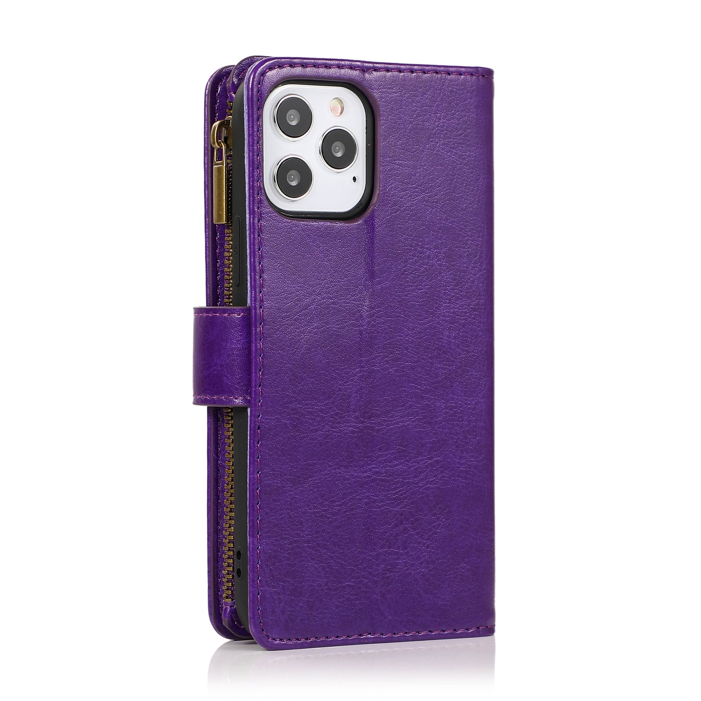 For Apple iPhone 16 (6.1") Leather Zipper Wallet Case 9 Credit Card Slots Cash Money Pocket Clutch Pouch Stand & Strap Case Cover Purple