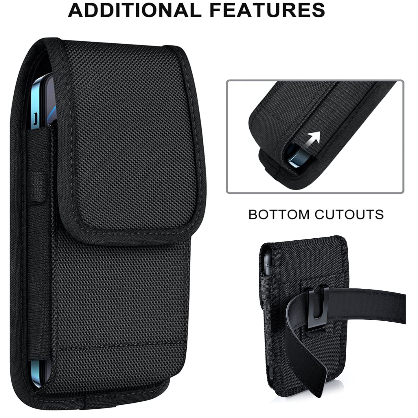 For Apple iPhone 16 Pro Max (6.9") Pouch Holster Cell Phone Case Universal Vertical Nylon with Clip /Loops Belt Holder Rugged Waist Carrying Cover [Black]