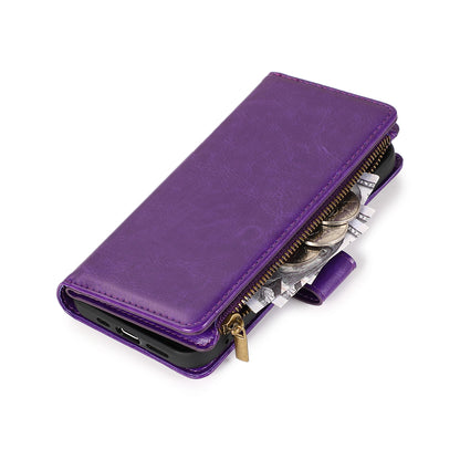 For Apple iPhone 16 (6.1") Leather Zipper Wallet Case 9 Credit Card Slots Cash Money Pocket Clutch Pouch Stand & Strap Case Cover Purple