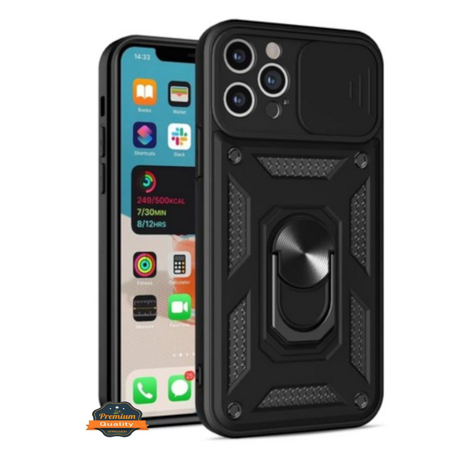 For Apple iPhone 15 (6.1") Built in Sliding Camera Lens Protection & Finger Ring Stand Holder Hybrid PC Shockproof  Phone Case Cover