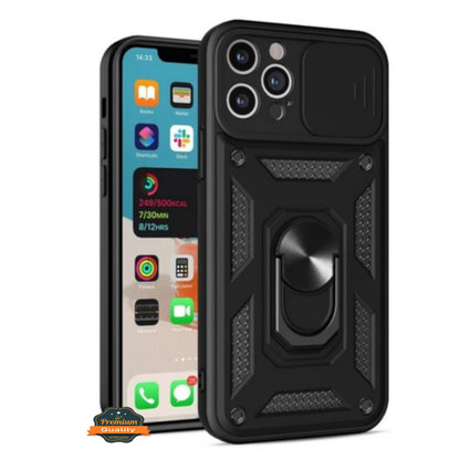 For Apple iPhone 16 (6.1") Built in Sliding Camera Lens Protection & Finger Ring Stand Holder Hybrid PC Shockproof Case Cover