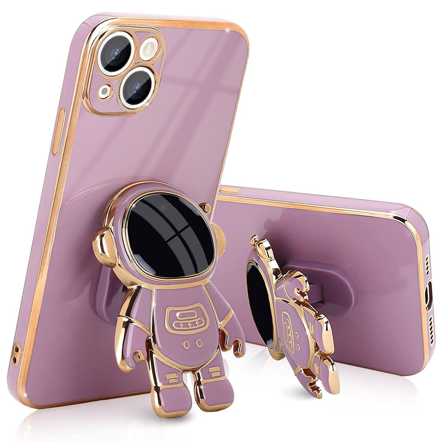 For Apple iPhone 15 (6.1") Astronaut Hidden Stand Holder Plating Hybrid Electroplated Bumper Shockproof Armor Cute  Phone Case Cover