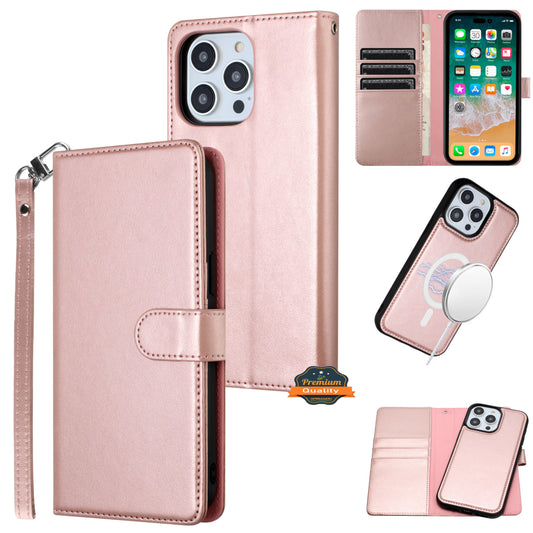 For Apple iPhone 16 Pro Max (6.9") Deattachable PU Leather Hybrid Wallet Money Credit Card Holder Support Magsafe Charger Case Cover Rose Gold