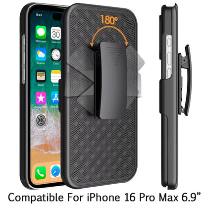 For Apple iPhone 16 Pro Max (6.9") Premium Hybrid Texture Built-in Kickstand Holster Combo 3in1 Swivel Belt Clip Slim Shockproof Case Cover Black